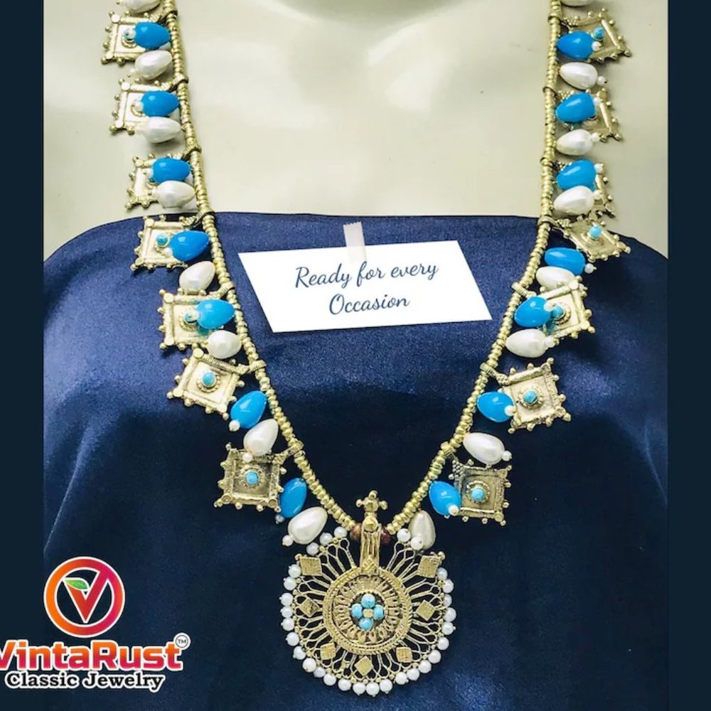 Handmade Turquoise Beaded Tribal Jewelry Set: Necklace, Earrings & Ring